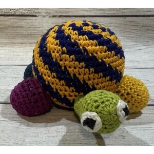 Adorable Hand Made Knitted Turtle Plush Colorful Retro BIG Bug Eyes GTbI